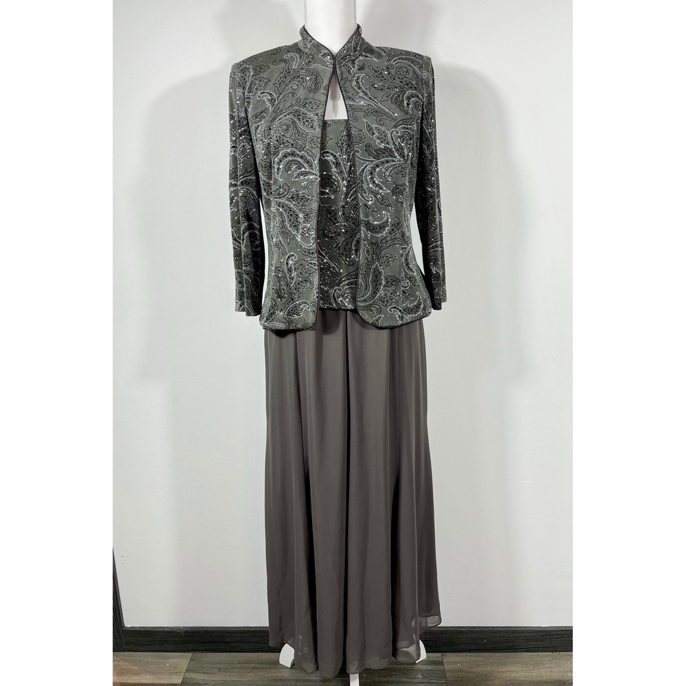Alex Evenings Silver Paisley Jacket with Slate Gray Chiffon Gown